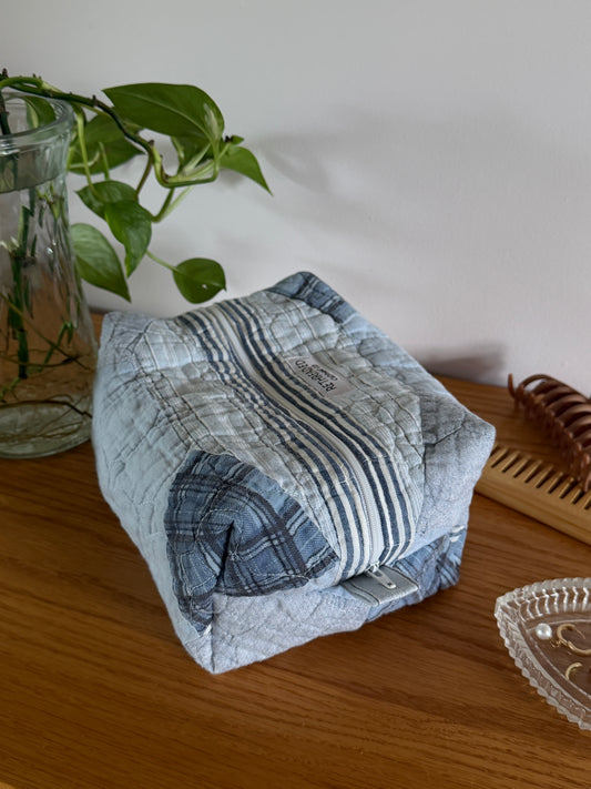 blue plaid quilted makeup bag