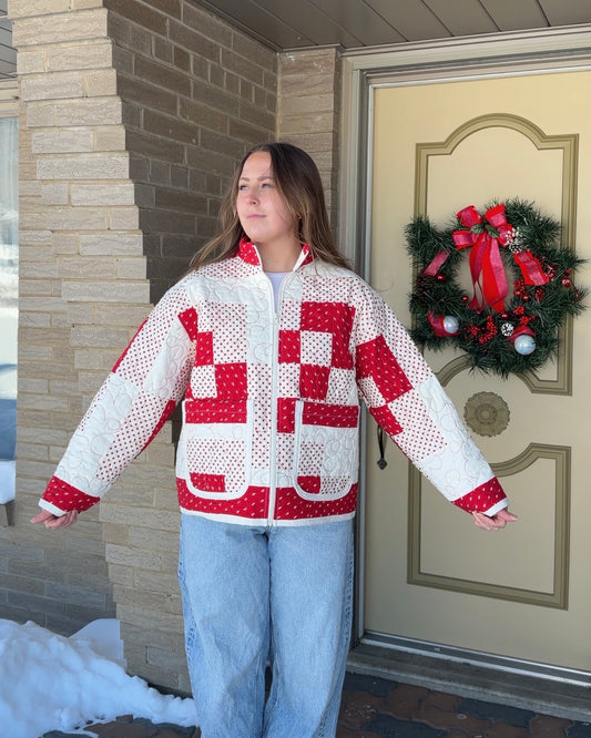 Red & White Quilted Jacket - M