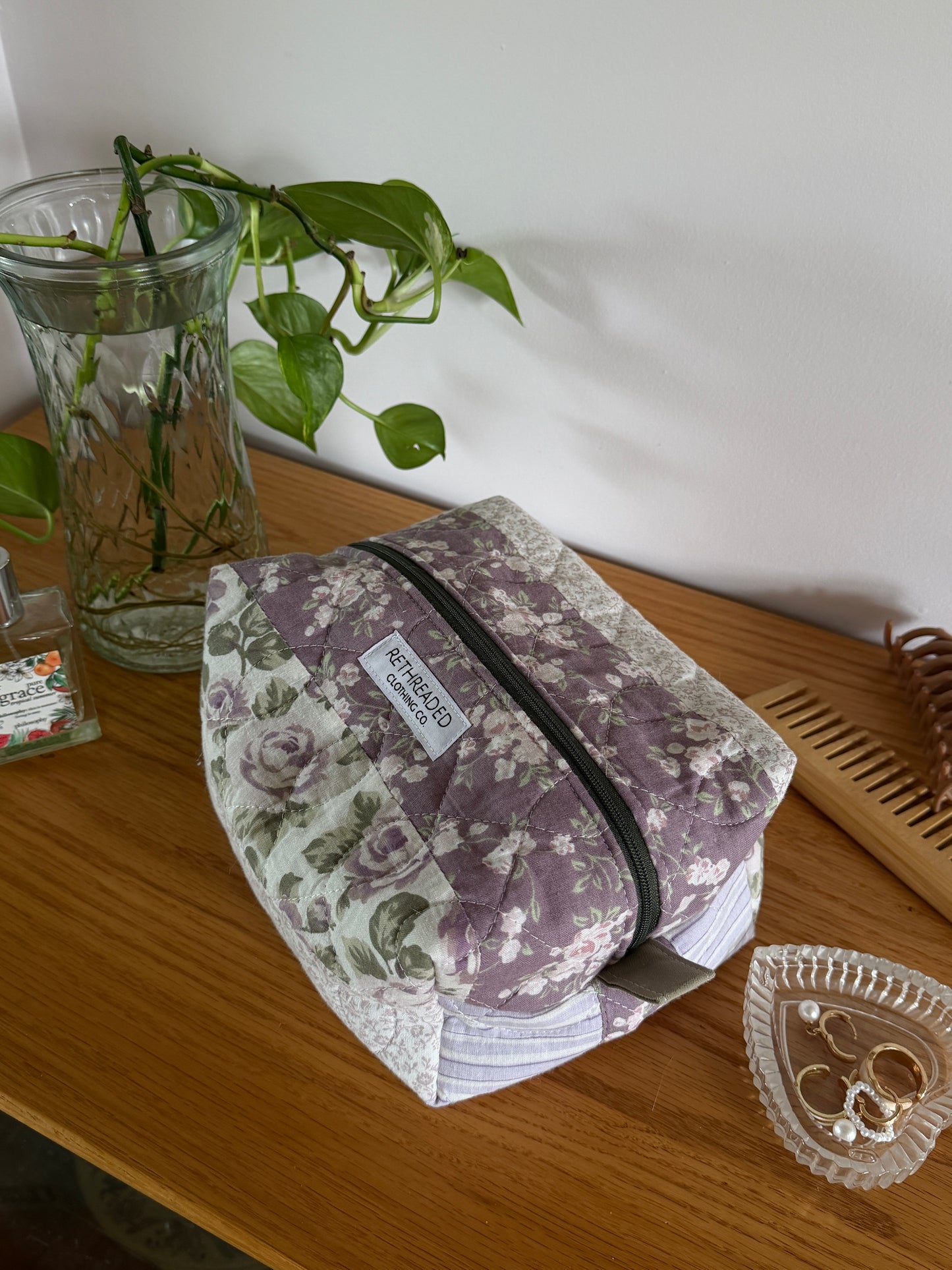 purple quilted makeup bag