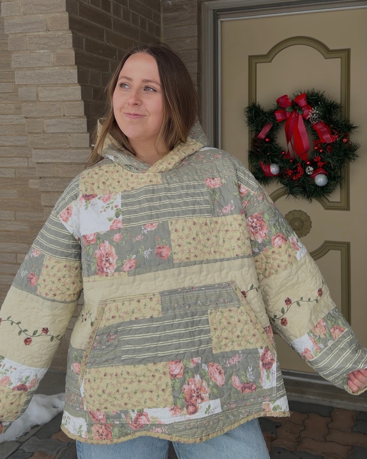 XL - Floral Tan Quilt Hoodie