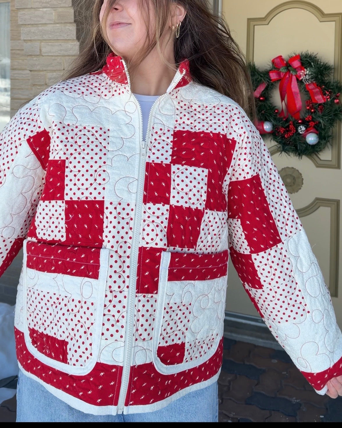 Red & White Quilted Jacket - M