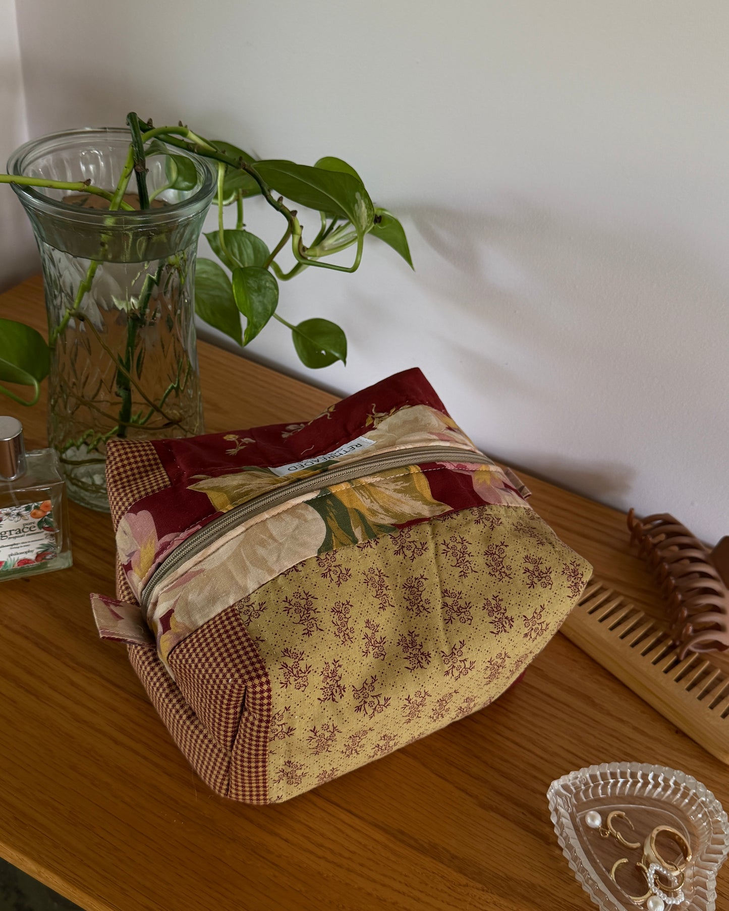 reds floral quilted makeup bag