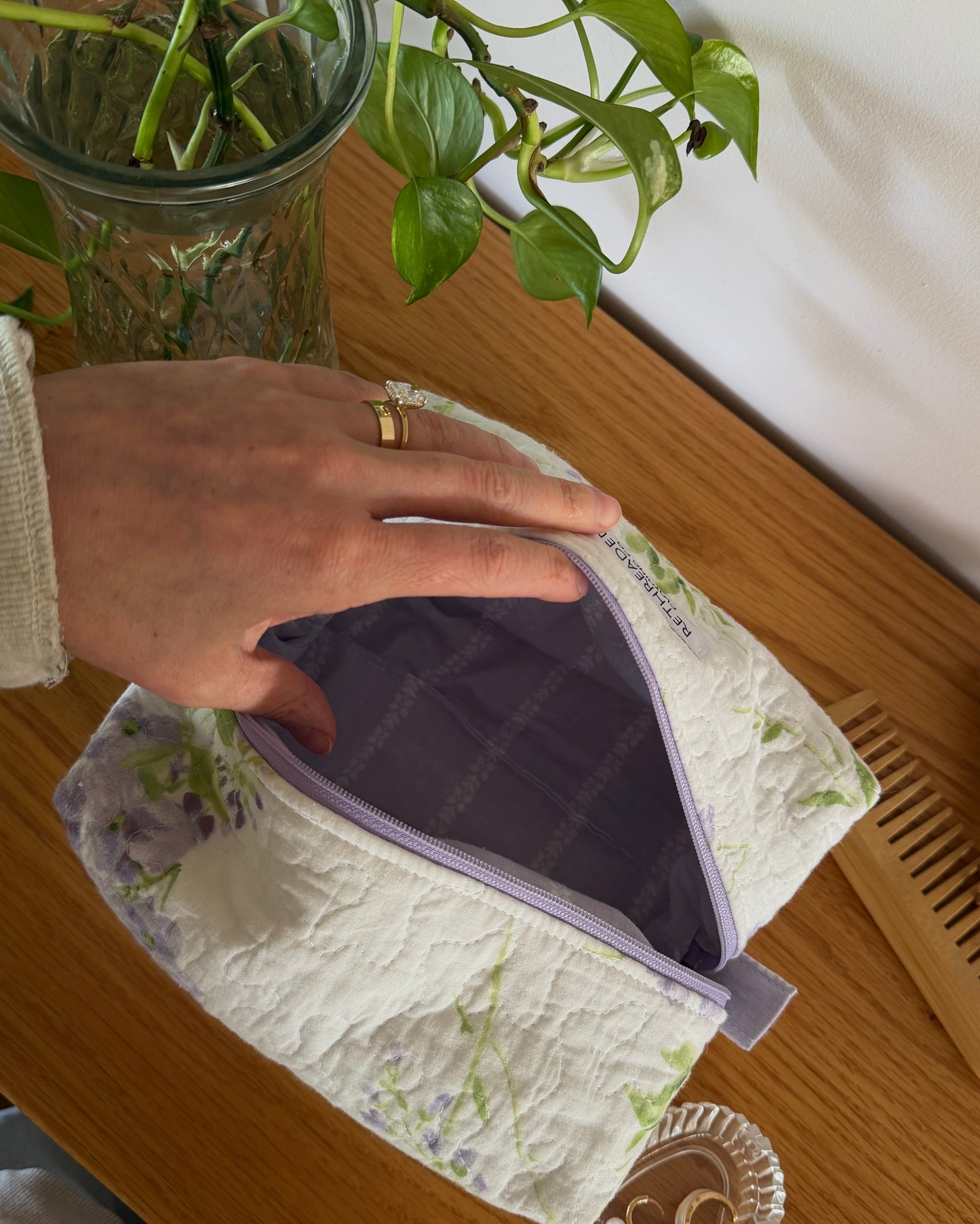 lilac quilted makeup bag