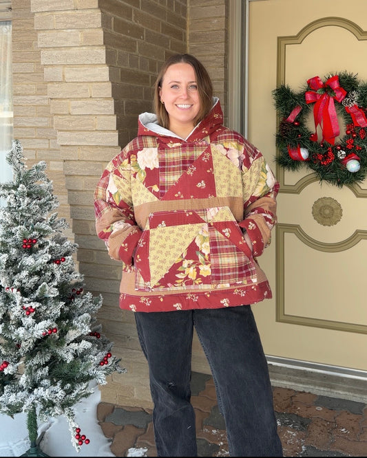 XL - red floral quilted hoodie