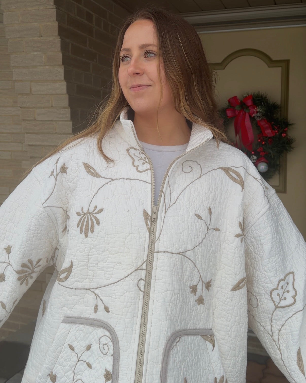 XL - Tan Embroidered Quilt Jacket