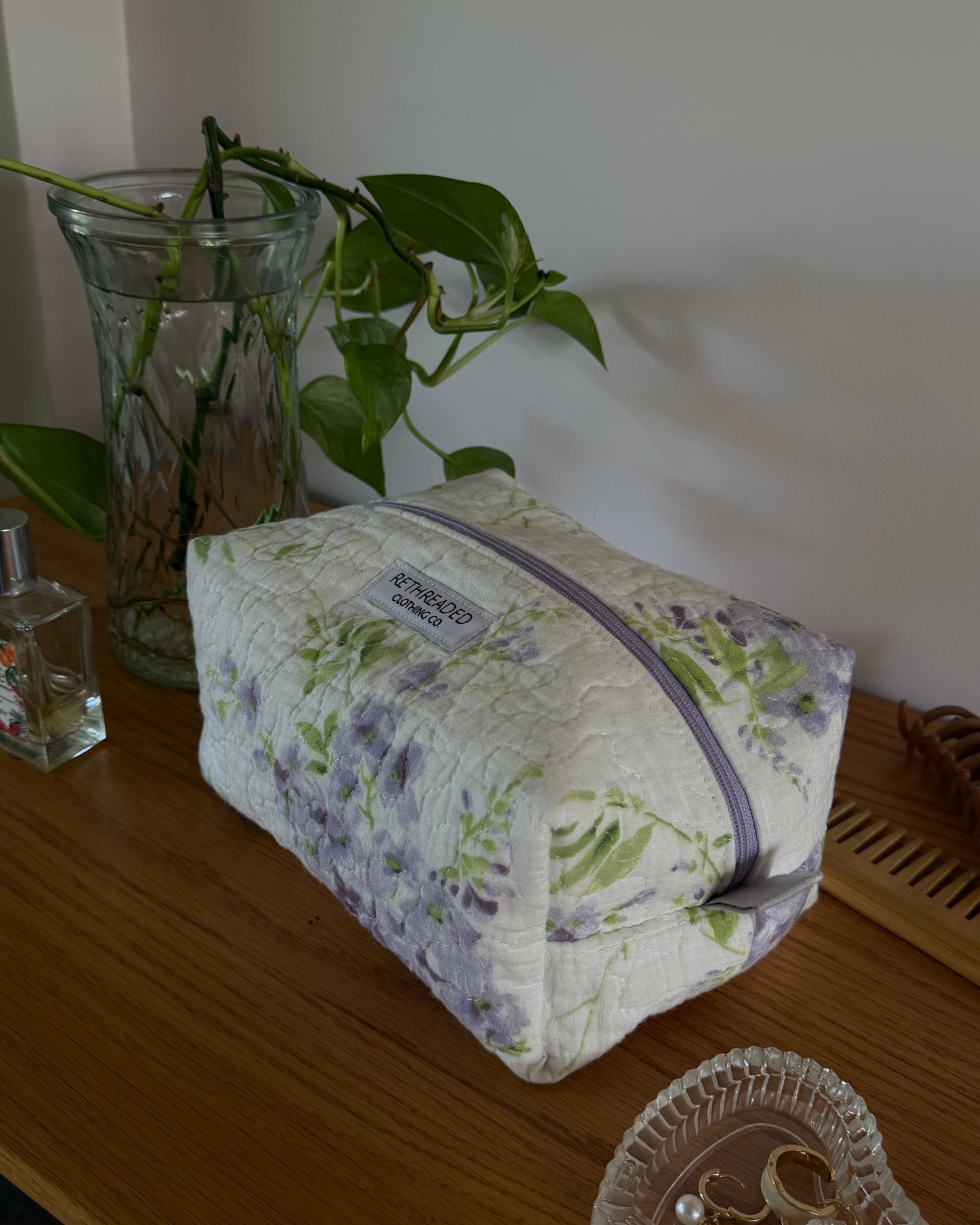 lilac quilted makeup bag