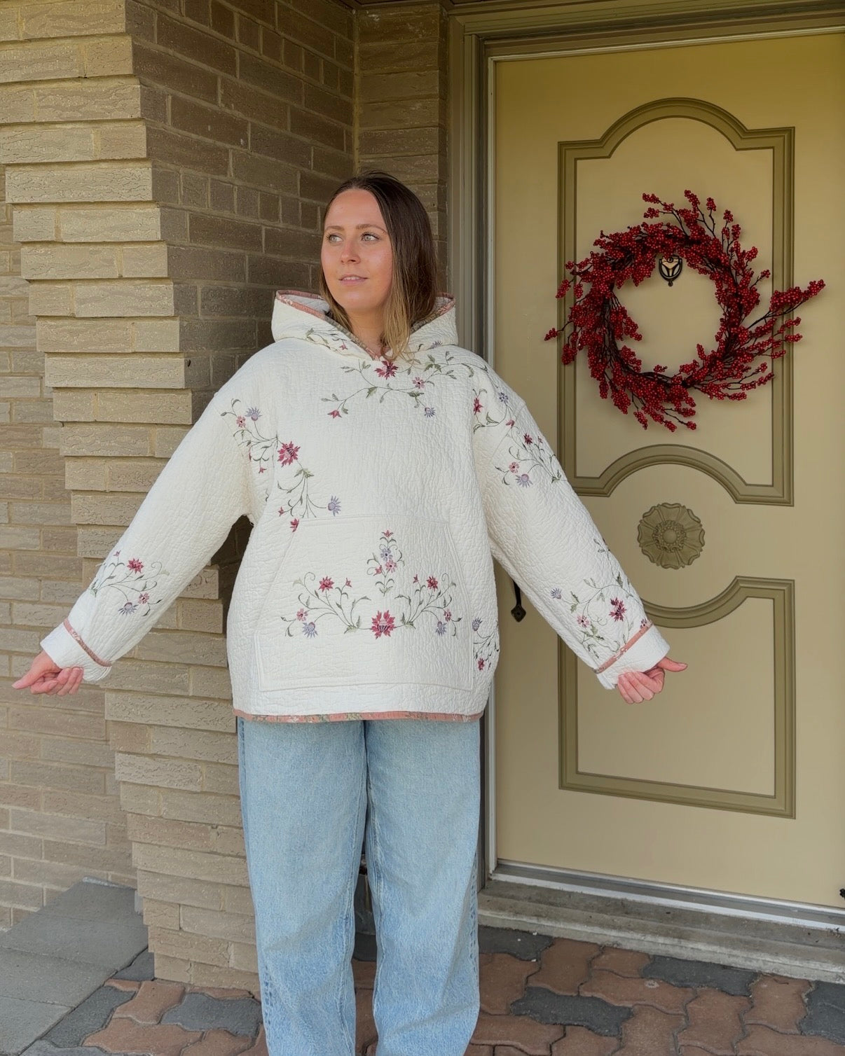 L - Floral Embroidered Hoodie