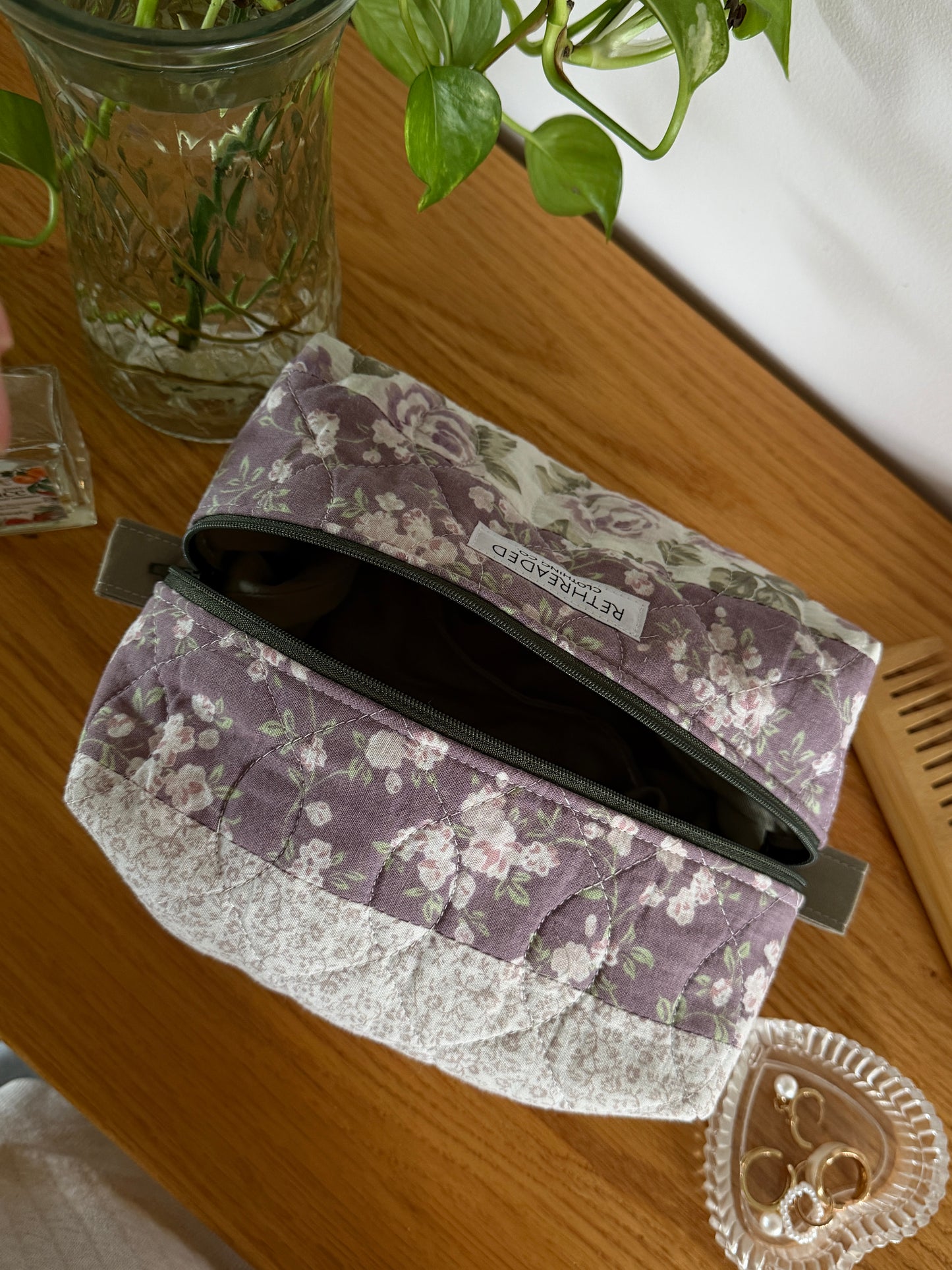 purple quilted makeup bag