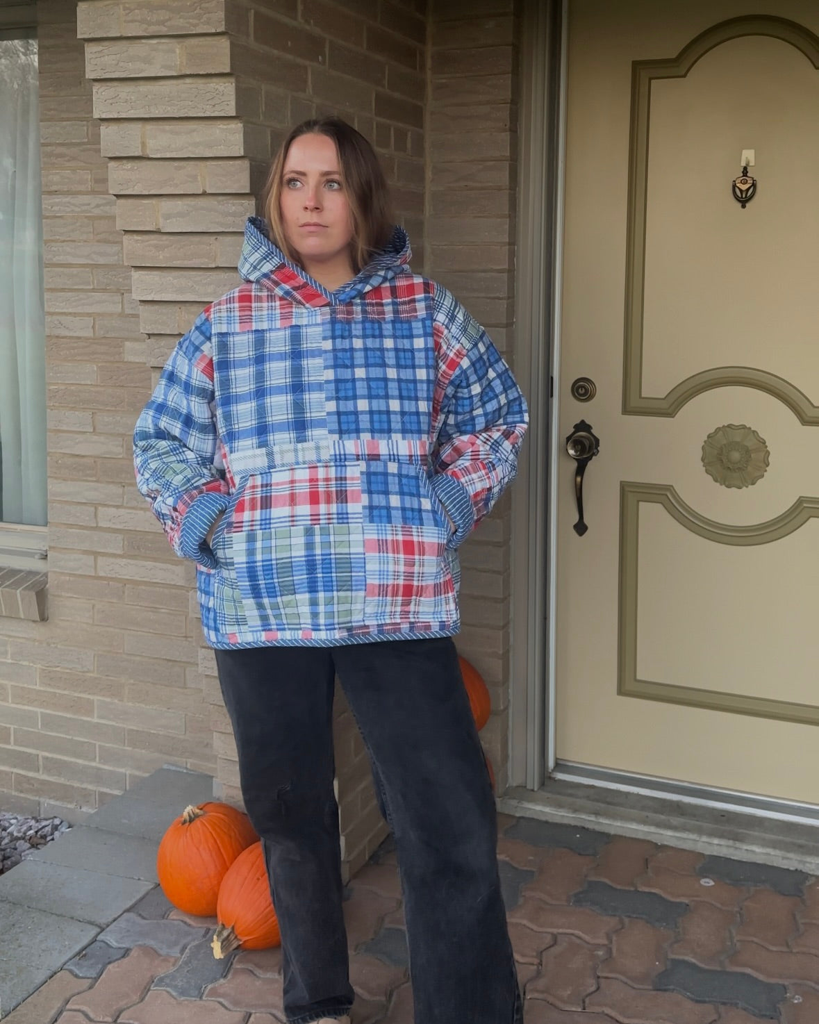 Plaid Quilted Hoodie - L