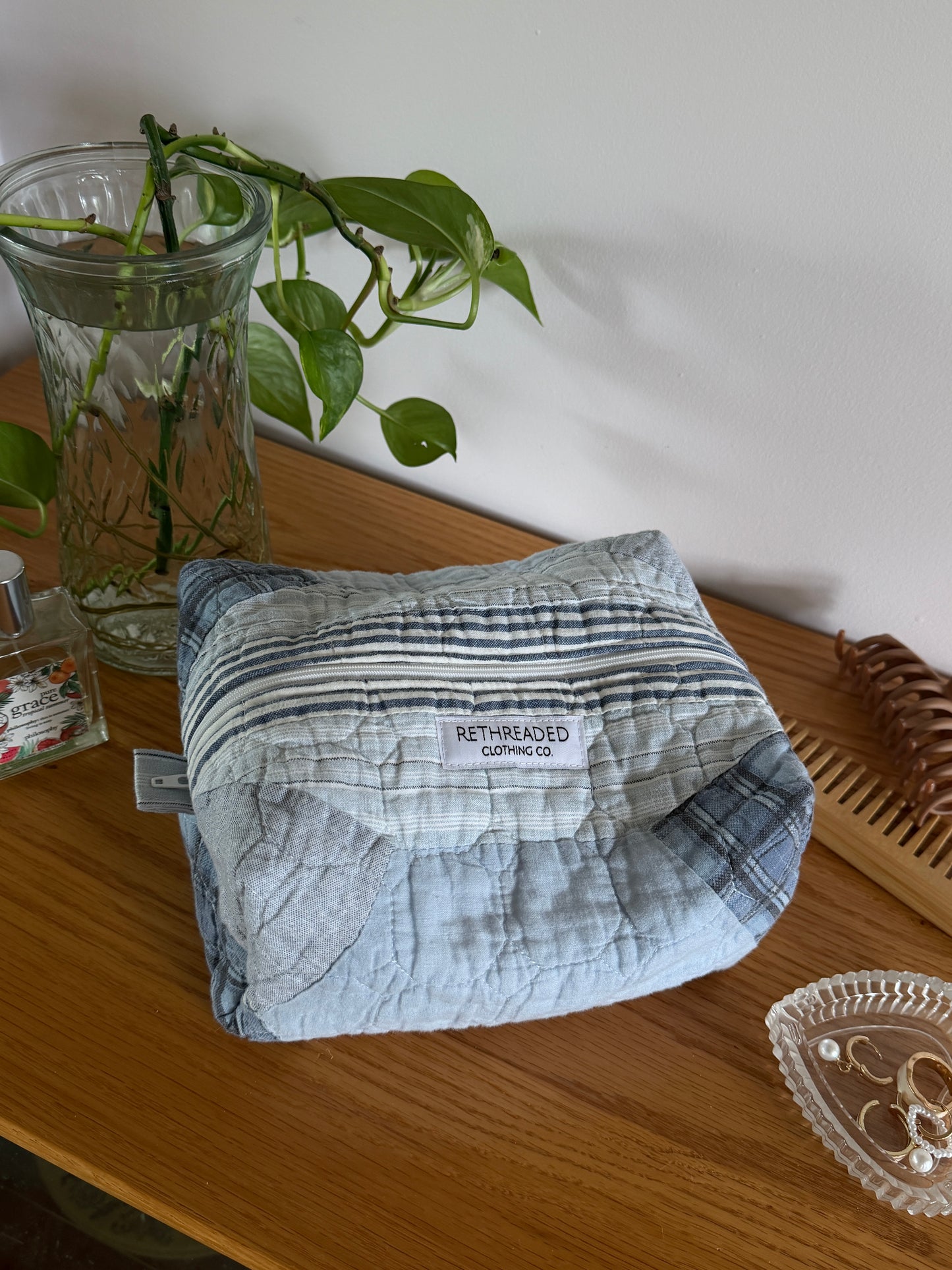 blue plaid quilted makeup bag