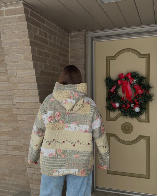 XL - Floral Tan Quilt Hoodie