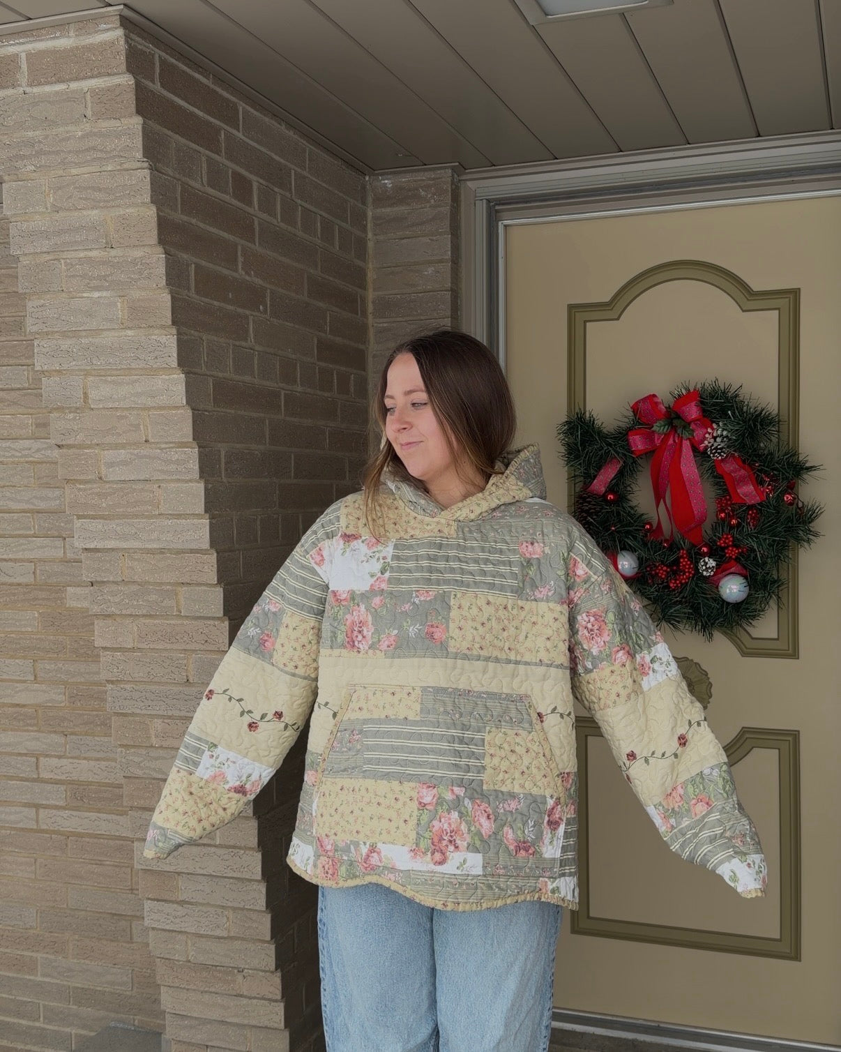 XL - Floral Tan Quilt Hoodie