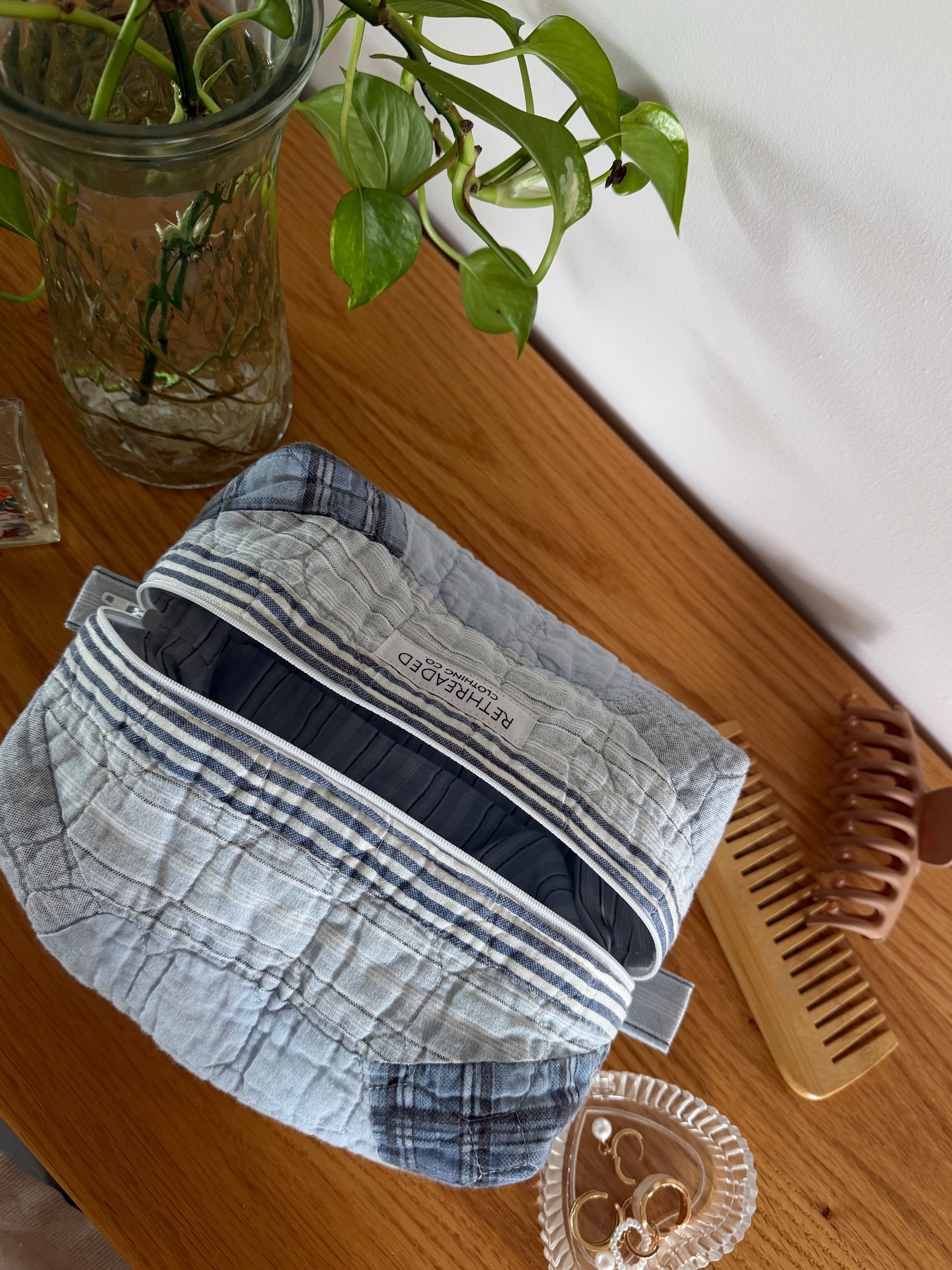 blue plaid quilted makeup bag