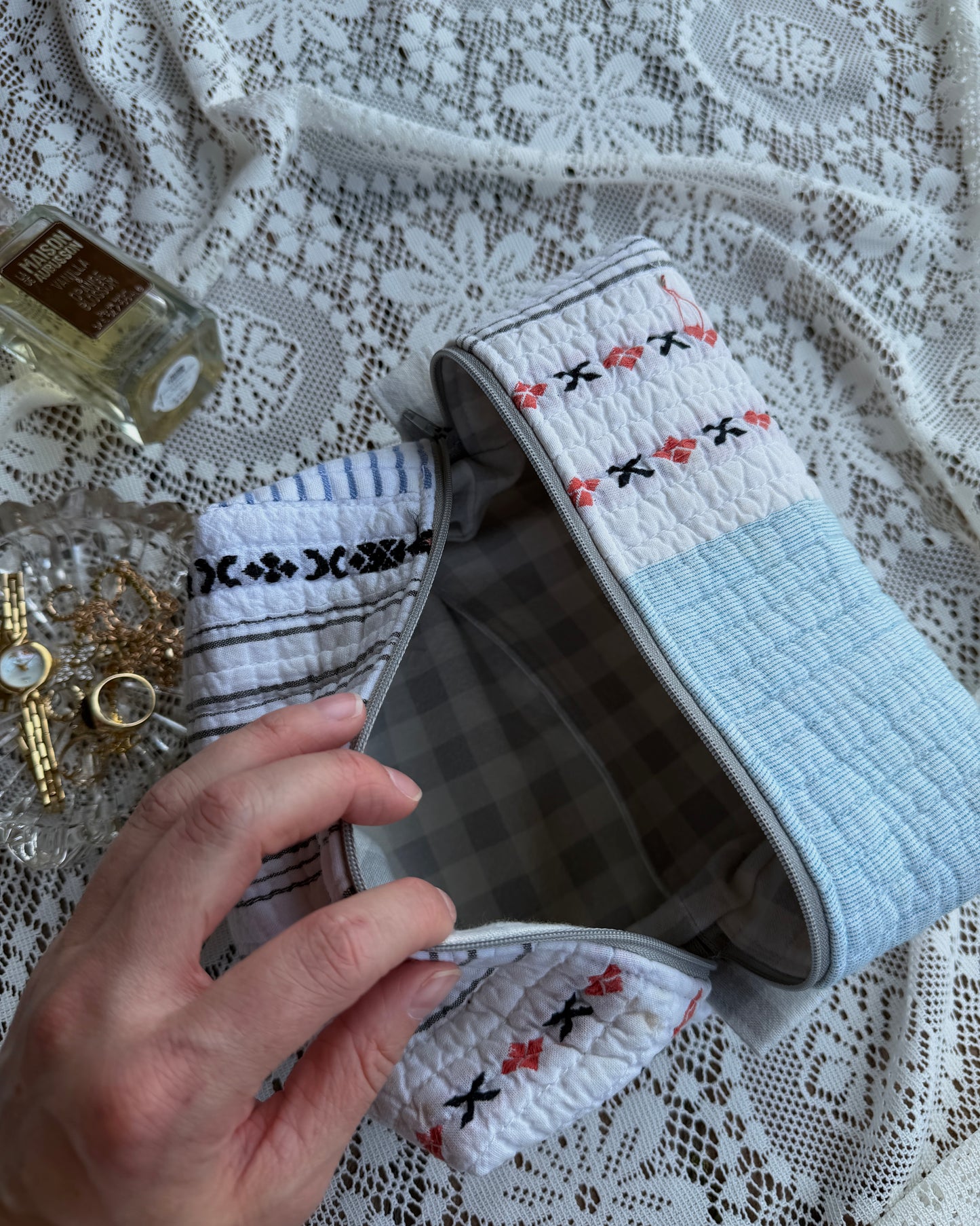 striped makeup bag