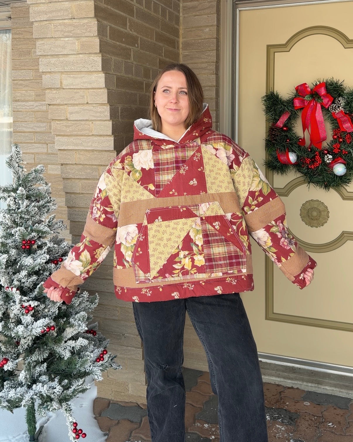 XL - red floral quilted hoodie