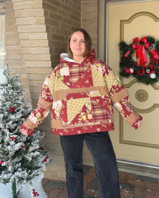 XL - red floral quilted hoodie