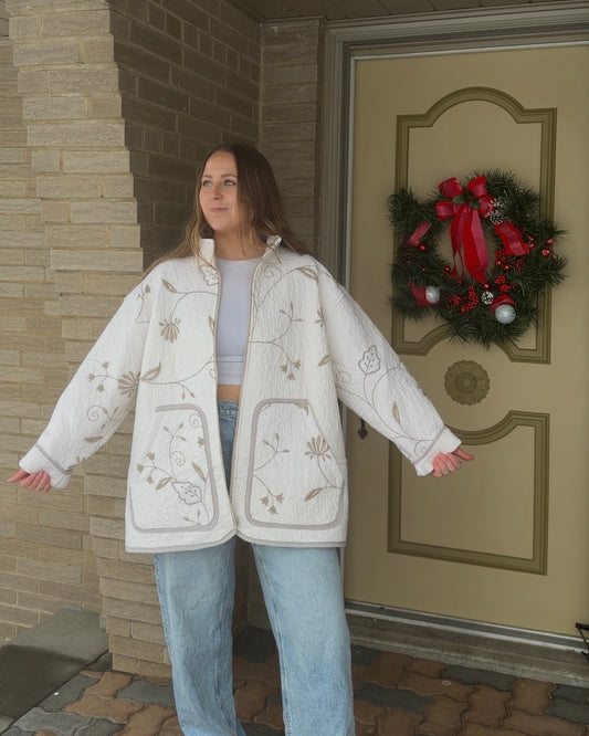 XL - Tan Embroidered Quilt Jacket