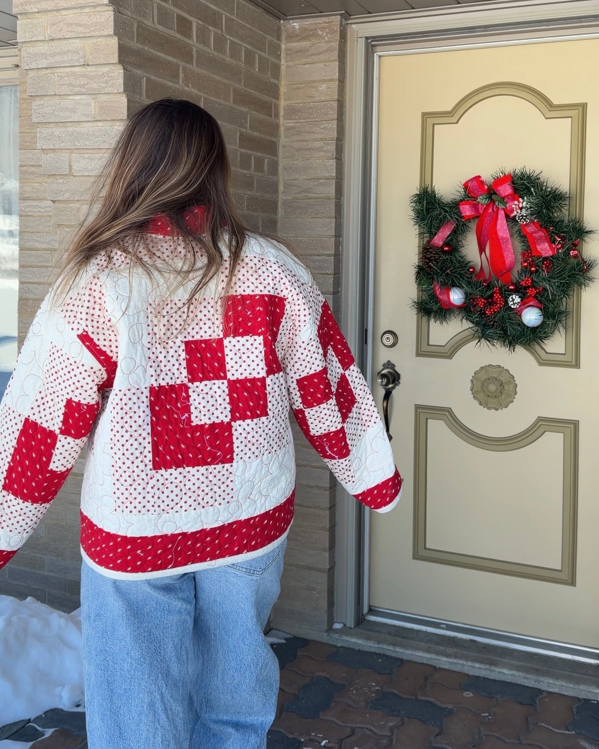 Red & White Quilted Jacket - M
