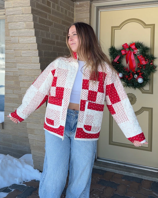 Red & White Quilted Jacket - M