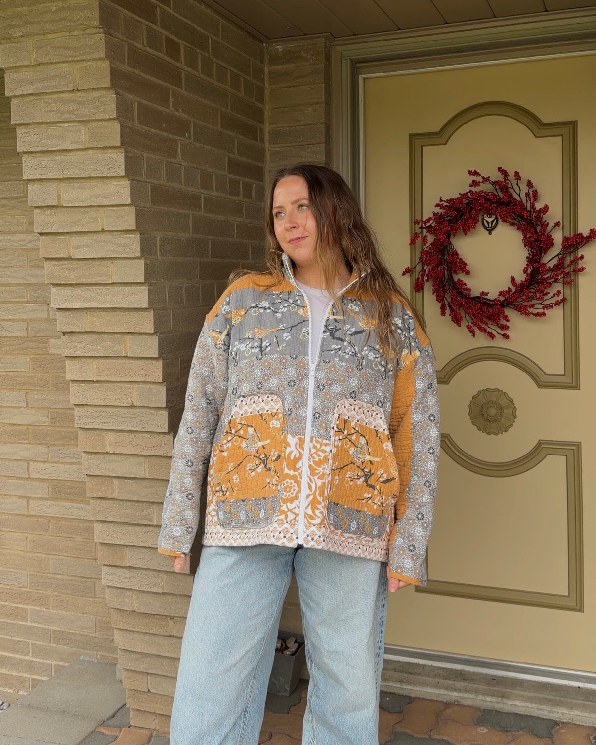 birds quilted jacket - L
